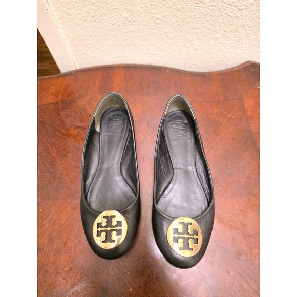 Tory Burch Black Leather Gold Logo Flats Women's Size 8 - Picture 2 of 12